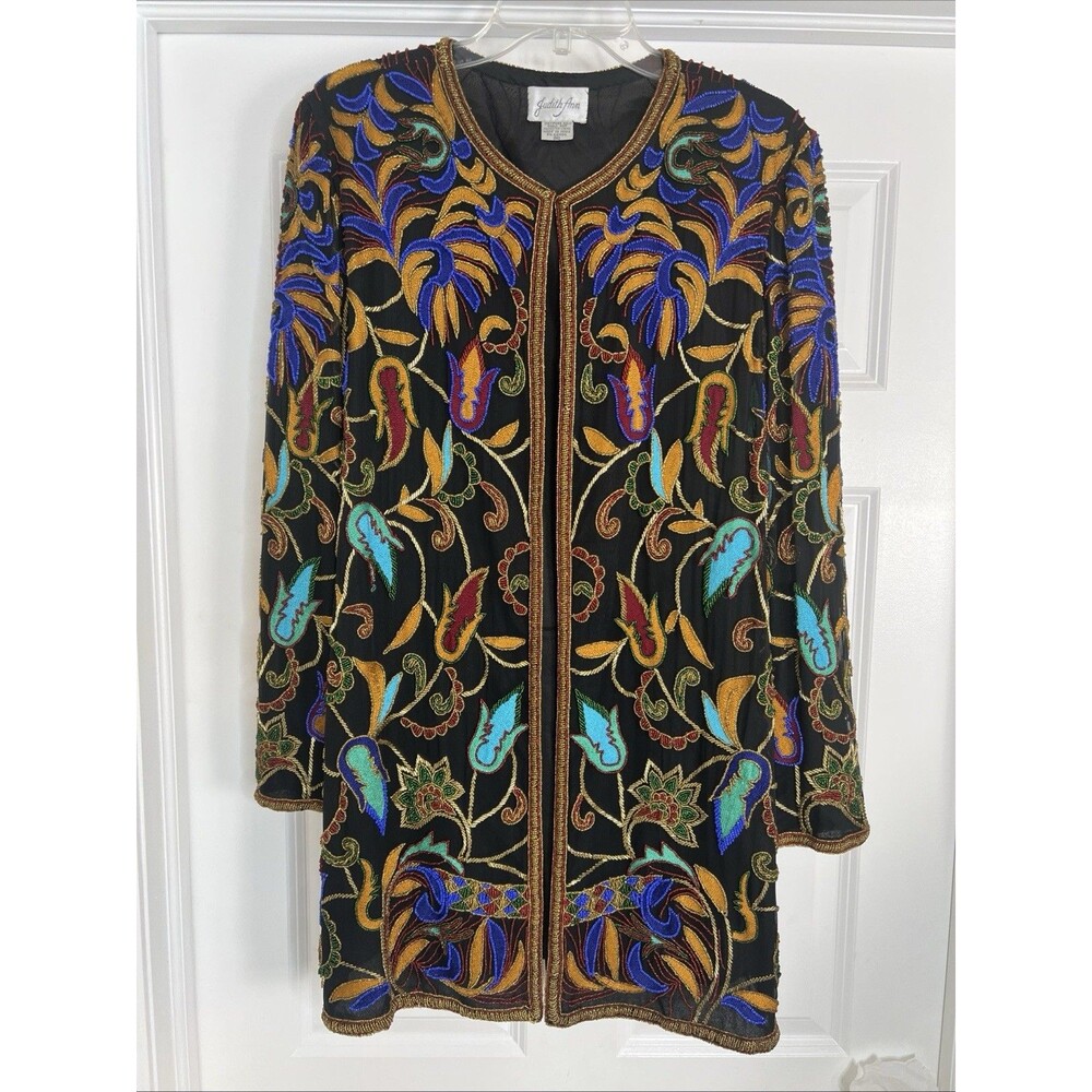 JUDITH ANN Vintage 80’s Black Multicolor Beaded Silk Embroidered Jacket Duster M